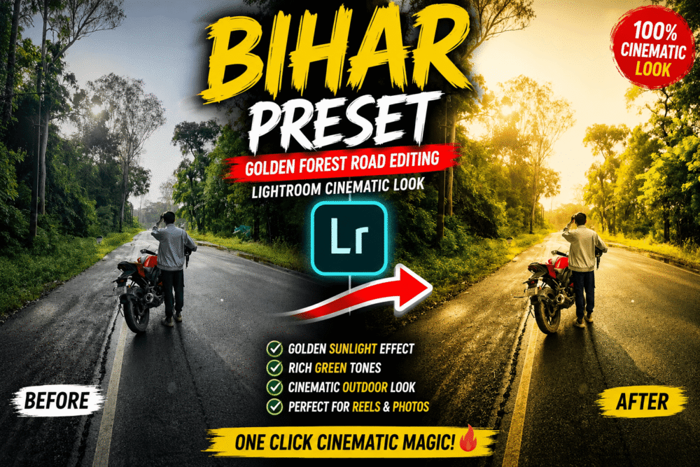 Lightroom Golden Forest Road Photo Editing | Cinematic Outdoor Look With Bihar Preset